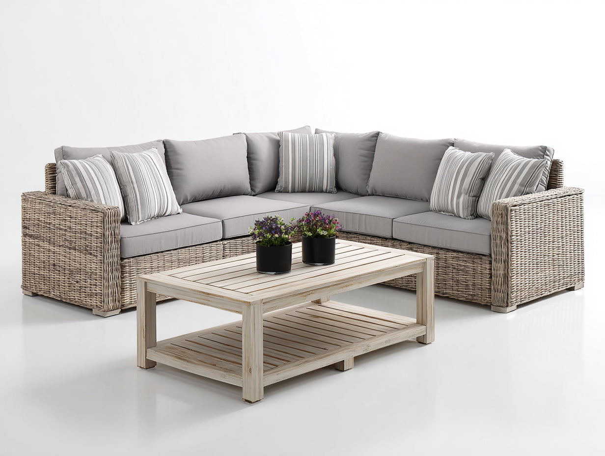 Gartensofa Rattan Beige Grau 260x260x80 cm Outdoor Ecksofa mit Holztisch Modern Design