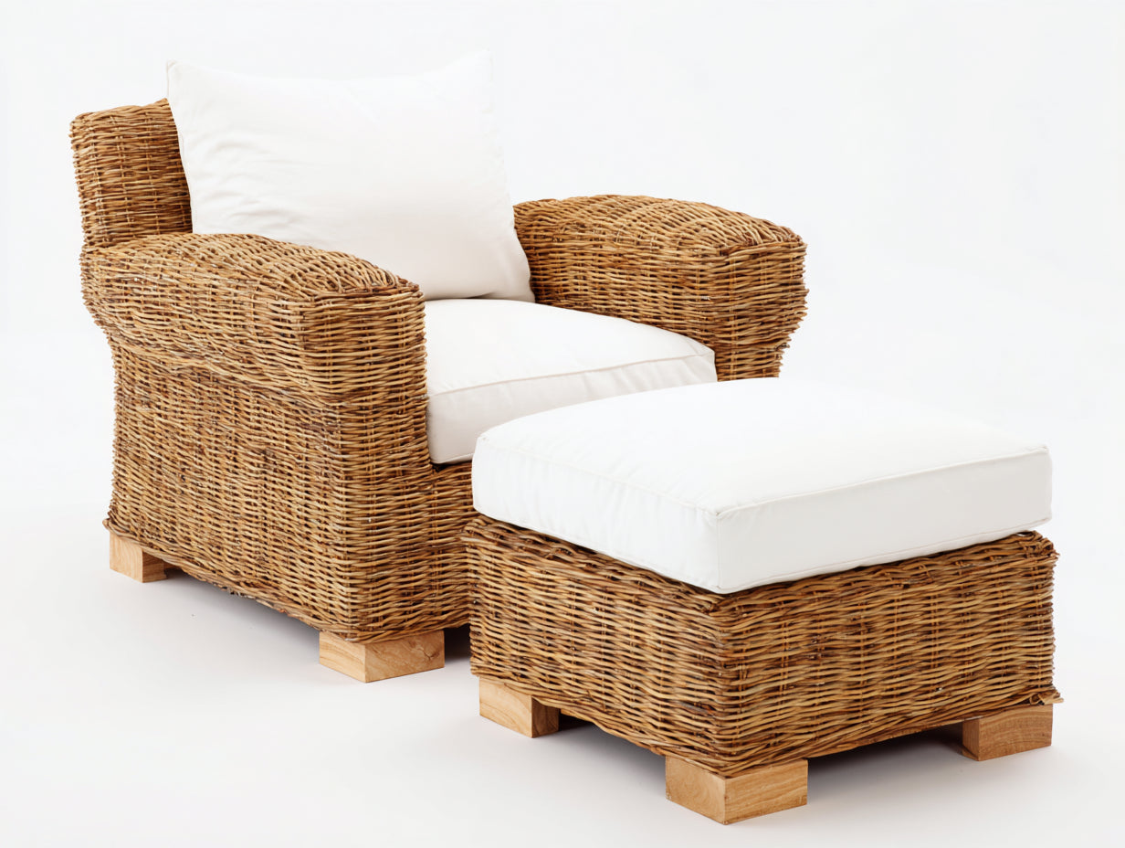 Polyrattan Gartensessel mit Fußhocker 95x85x82 cm - Natur-Weiß - Modernes Loungedesign