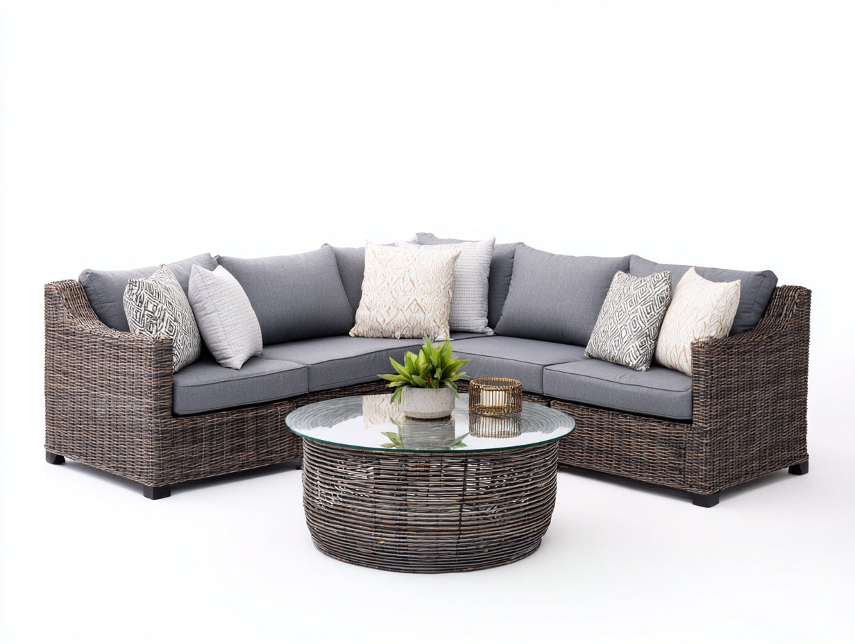 Gartensofa Rattan Lounge Set L Form Dunkelgrau mit Glastisch Modern 260x260x85 cm Outdoor Sofa Gartenmöbel