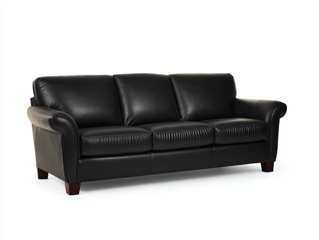 3 Sitzer Sofas Echtleder Schwarz 220x95x85 cm - Klassisches Design Holzfüße Komfortpolsterung