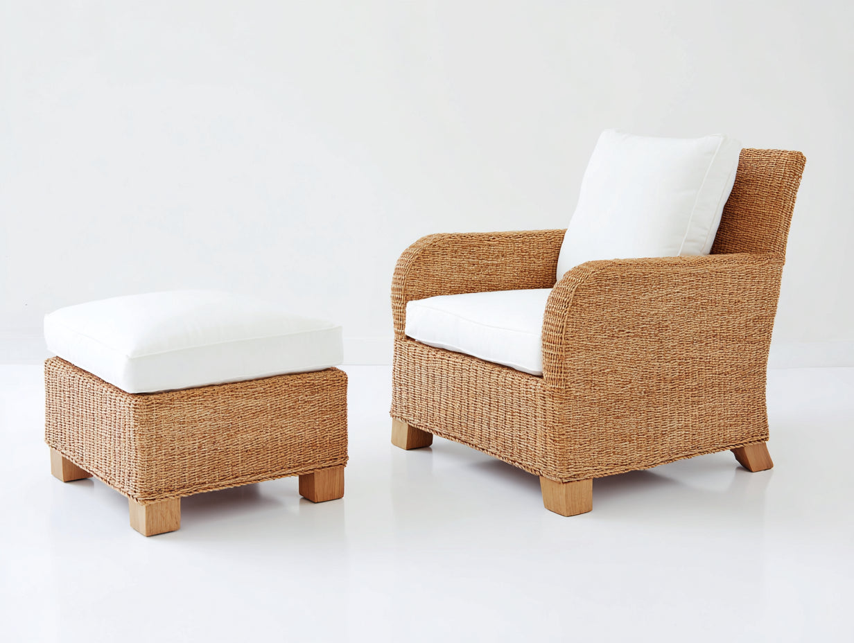 Polyrattan Gartensessel Natur Braun Weiss 90x80x80 cm mit Hocker Outdoor Lounge Set Modern Design