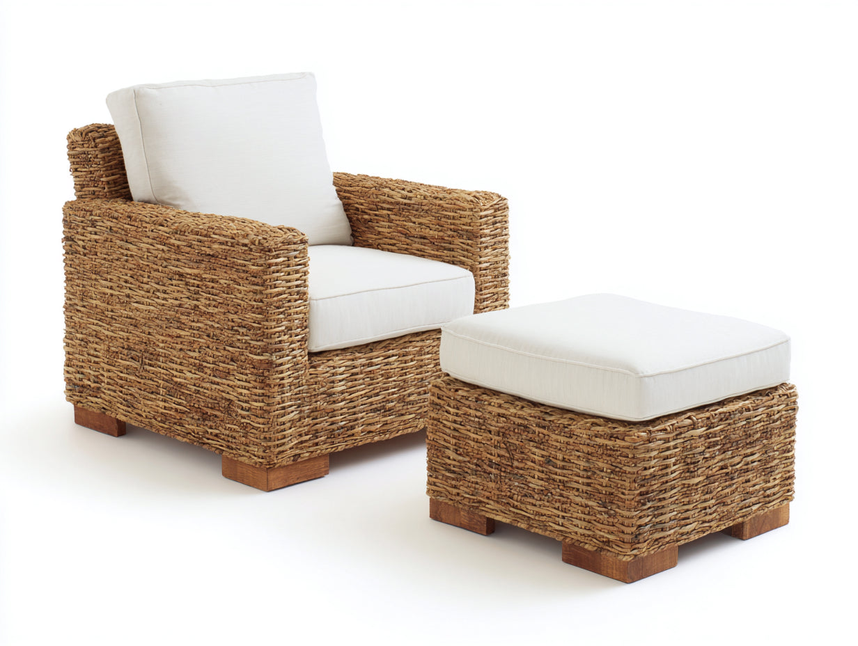 Polyrattan Gartensessel mit Fußhocker 94x86x84 cm - Natur-Weiß - Modernes Loungedesign
