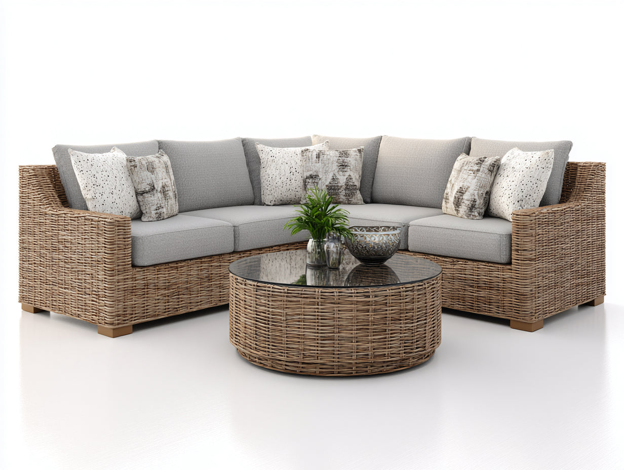 Gartensofa Polyrattan mit Glastisch 280x280x82 cm - Natur-Grau - Modernes Loungeset