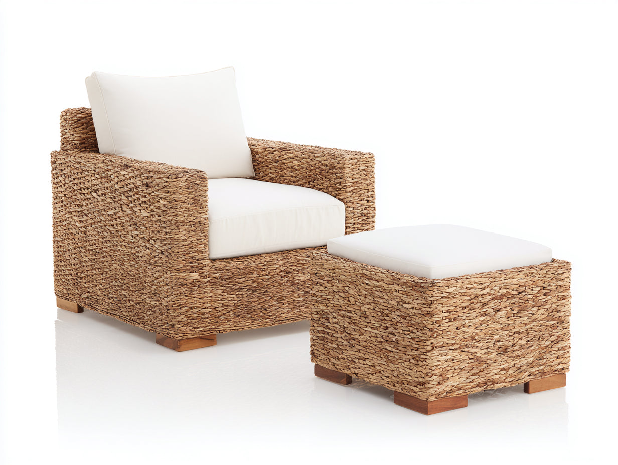 Polyrattan Gartensessel mit Hocker Natur Braun 80x80x82 cm Lounge Set Outdoor inkl Fußhocker rustikales Design