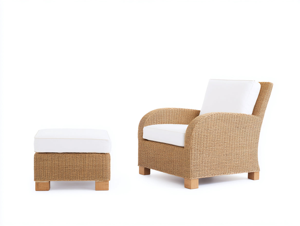 Polyrattan Gartensessel mit Fußhocker 96x88x90 cm - Natur-Weiß - Modernes Loungedesign