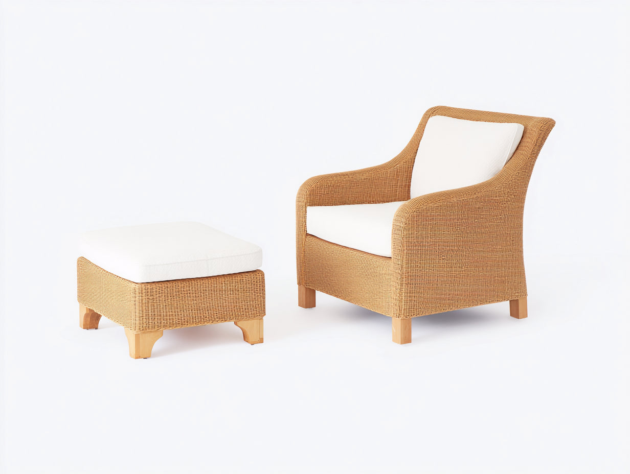 Polyrattan Gartensessel Set mit Hocker Natur Beige Outdoor Lounge 75x80x85 cm - 55x45x40 cm Gartenmöbel