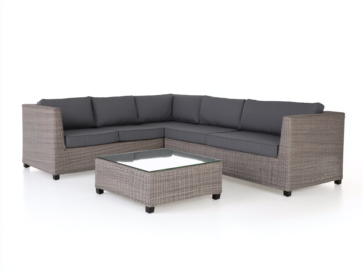 Gartensofa Polyrattan Ecksofa Set mit Glastisch 250x250x75 cm - Grau Modernes Outdoor Lounge Design
