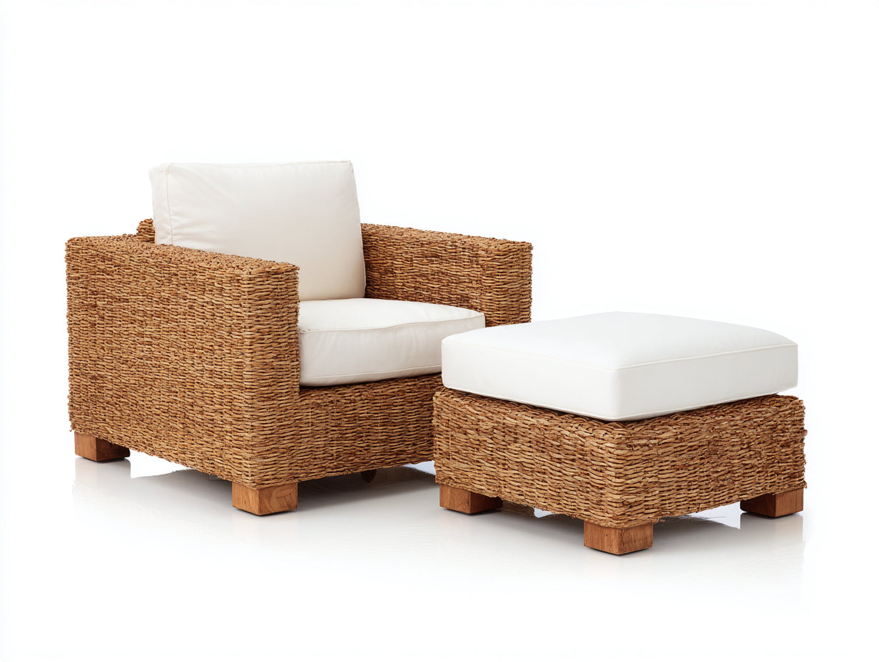 Polyrattan Gartensessel Natur Braun Weiss 90x80x80 cm Outdoor Lounge Sessel mit Hocker Modern Design