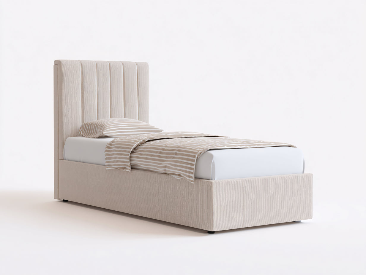 Einzelbett Polsterbett Stoff Gepolstert 200x100x110 cm - Beige Creme - Modernes Vertikal Steppdesign Schlafzimmerbett