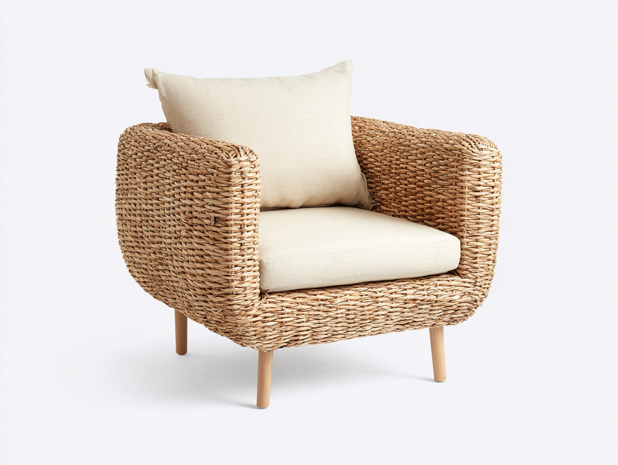 Polyrattan Gartensessel Natur Beige Holzfüße Modern Outdoor 78x82x85 cm Gartenstuhl Lounge